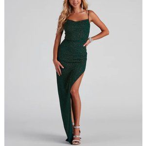 Formal High Slit Glitzy Glitter Green Dress